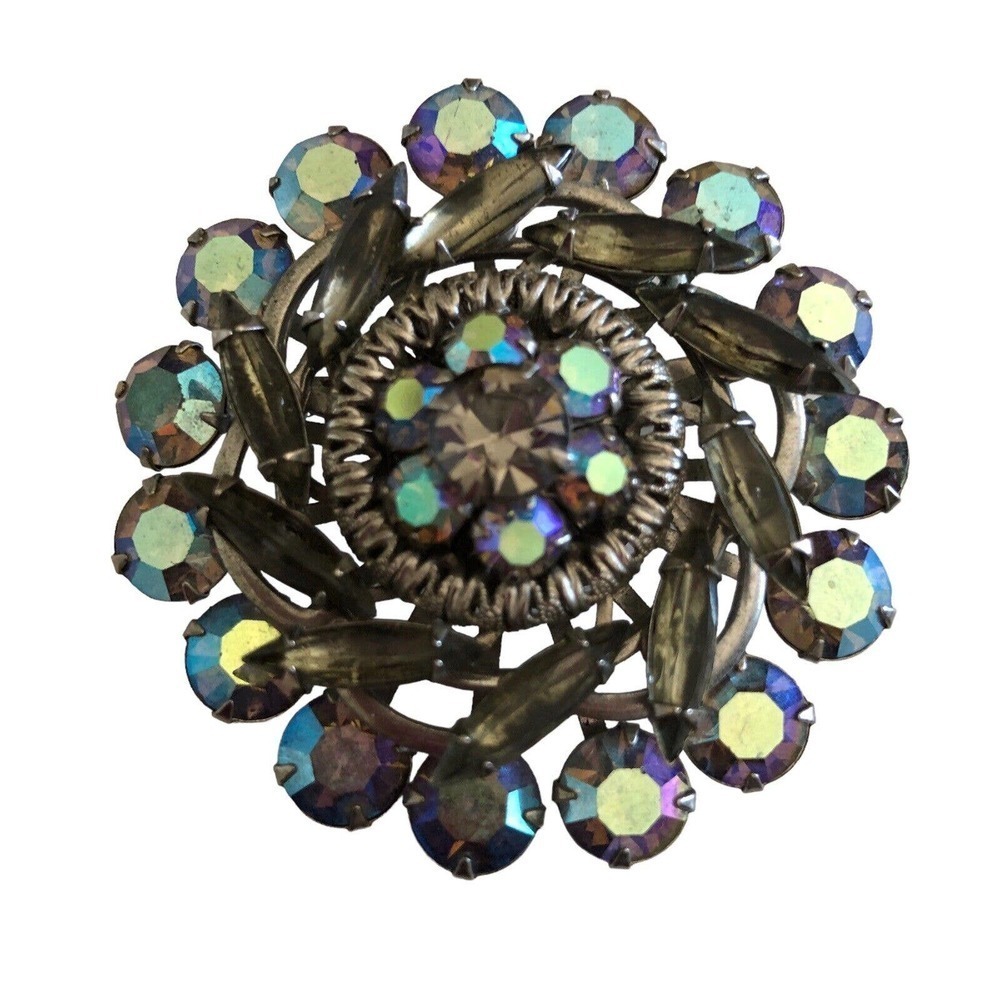Beautiful Smoky Topaz & Blue AB Rhinestone Brooch Filigree Vintage Jewelry - Picture 8 of 9
